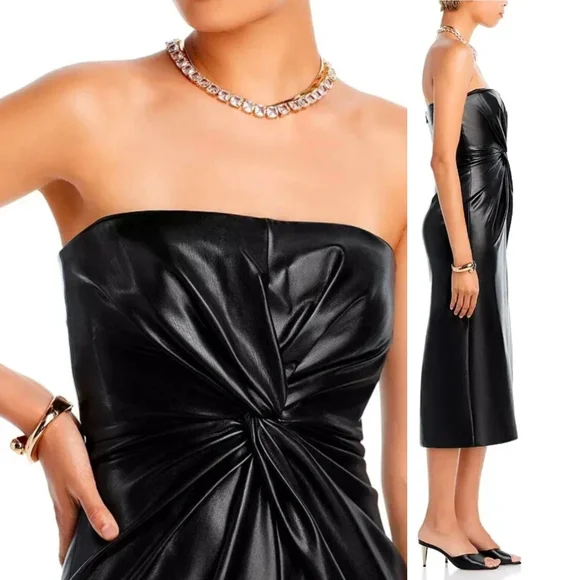 Cinq à Sept Faux Leather Twist Front Midi Dress
